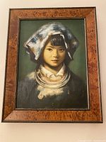 Frontal image of the vintage original oil painting on canvas, showing the young girl portrait with detailed traditional clothing and original Italian frame.