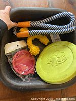 Top-down view of animal bowl including tug rope, chew toy, frisbee and collapsible water bowl all inside the black Rubbermaid bowl.