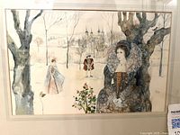 Full view of the framed and matted watercolor painting showing three period figures with castle backdrop