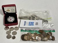 Overview of all coins including the 2016 50-cent coin in red case, bags of pennies and nickels, and assortment of quarters and silver coins.