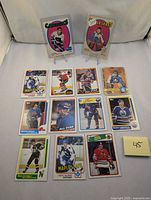 Photo of multiple vintage NHL hockey cards including Andre Boudrias and Bernie Parent displayed front-facing on stands.