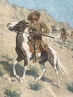 Close-up photo of the print showing detailed depiction of the scout on horse with western background and riders in distance.