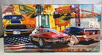 Full frontal image of the montage print showing the yellow freeway signs, motel signage, classic cars, and Golden Gate Bridge background with vibrant colors.