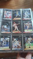 Page with nine 1992 Pinnacle baseball cards showing various players in action including batting, pitching, and running.