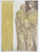 Close detailed view of the lithograph showing the two stylized figures and the textured gold vertical block.