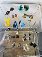 Top down view of entire earring lot showing all 15 pairs arranged neatly on clear surface