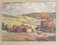 Full view of the pastoral countryside print showing buildings, trees, hills, and livestock.