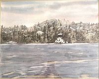 Close up of the original watercolour painting depicting a frozen lake and wooded hill scene in winter by W.J. Cornwall.