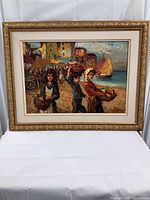 Full front view of framed oil painting showing children with baskets near harbor town and should boats on water.