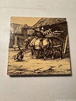 Top view of the antique Mintons ceramic tile showing the full farm scene design with two horses and two chickens in brown and white transferware style.