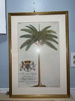 Full view of framed botanical print depicting a palm tree with coat of arms and dedication text.