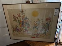 Full view of framed watercolor painting depicting a Chinese parade scene with figures and a dragon, featuring a sun and dotted background.