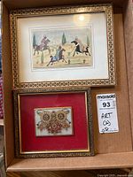 Two framed pieces: one signed art of horseback riders, one jeweled piece in box with lot tag