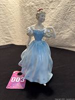 Front view of the Royal Doulton Enchantment figurine showing the detailed blue gown with white collar and sleeves, and the figurine's posture.