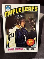 Front of Borje Salming 1976-77 Topps hockey card showing player portrait, Maple Leafs logo, and 2nd Team All Star badge.