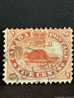 Front of the 1859 Canada 5 Cent Beaver used stamp showing design, denomination, and cancellation marks.