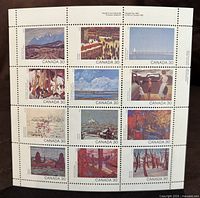 Full sheet of 12 Canadian stamps showing various provincial scenes, arranged in 4 rows and 3 columns. Each stamp is 30 cents and colorful.