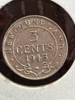 Reverse side of 1945 Newfoundland 5 cents coin displaying denomination, year, and decorative elements.