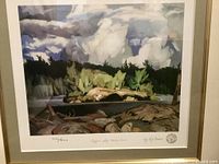 Close view of print showing artwork, numbering 49/620, signature and seal