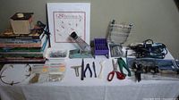 Overall lot: books, beveled glass set, tools, drafting aids, soldering irons