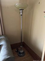 Full view of the standing metal floor lamp with glass shade in corner of room.