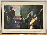 Full view of large framed silkscreen print depicting two shadowy human figures in a room with a chair, wide 44 x 32.5 inches high.