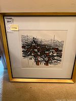 Framed signed, numbered limited edition print with label and size note attached to frame.