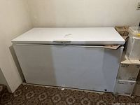 Front view of closed freezer against wall