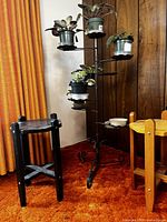 Full view of tall metal multi-tiered plant stand holding six potted African Violets with black and light wood plant stands nearby on orange carpet in front of wood paneled wall and orange curtain.