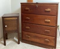 Photo shows the vintage 4-drawer wooden dresser and small wooden cabinet side by side on carpeted floor, highlighting wood finishes and drawer/door details.