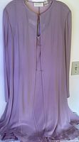 Lavender sheer silk two-piece set, with a long sleeve sheer jacket and sleeveless top with ruffled hem, size 12