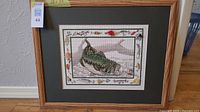 Frontal view of framed cross stitch artwork showing bass fish and fishing flies.