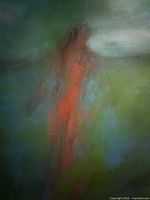 Close-up of painted canvas showing central reddish-orange form and brushwork.