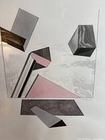 Close-up of the watercolor showing abstract geometric shapes in pink, gray, and black with signature 'Pollai 86'