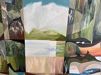 Close-up of abstract landscape grid painting showing color blocks and brush texture