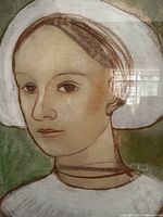 Close-up view of sitter’s face and chalk texture