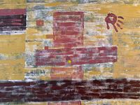 Close-up of central and upper right sections showing red geometric bands, handprint-like symbol, textured paint layers