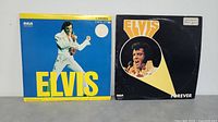 Photo shows both Elvis Presley double LP vinyl record albums side by side, one with a bright blue cover and the other with a black and yellow cover.