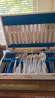 Full set of cutlery including knives in upper section and forks, spoons, and other utensils in lower section, stored in the case.