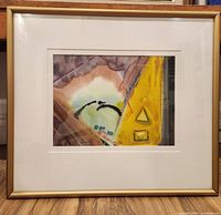 Full view of the framed abstract watercolor painting showing the overall composition, framing, and matting.