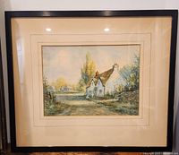 Full view of the framed watercolour painting showing rural scene with house and trees.