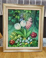 Framed hybrid hand-painted and print canvas artwork showing the entire floral still life with white tulips, crocuses, primroses, snowdrops, and other flowers with green leafy background.