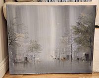 Full view of the oil on canvas cityscape painting showing buildings, trees, and reflective ground in gray tones.