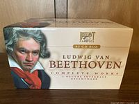Closed box displaying cover art including Beethoven portrait and title 'Ludwig van Beethoven Complete Works'.