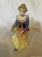 Front and angle view of the figurine showing the girl holding flower basket and detailed dress colors