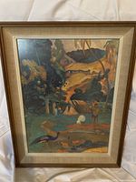 Framed print showing full artwork with peacocks and landscape in tropical setting
