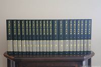 Photo showing 21 volumes of World Book Encyclopedia A-Z arranged in order.