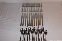 Full view of all 36 pieces of flatware laid out on a white surface, grouped by forks, knives, and spoons.