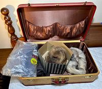 Open suitcase containing a plastic bag, a fur hat in a box, and two fur scarves inside the trunk