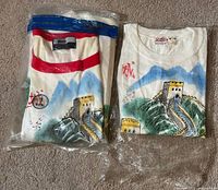Two vintage souvenir t-shirts with Great Wall of China graphics, one 3/4 sleeve ringer with red collar and sleeve trim, one short sleeve crew neck, both size large